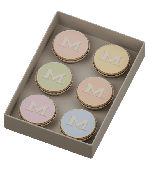 Six pastel monogram cookies inside a taupe bakery box