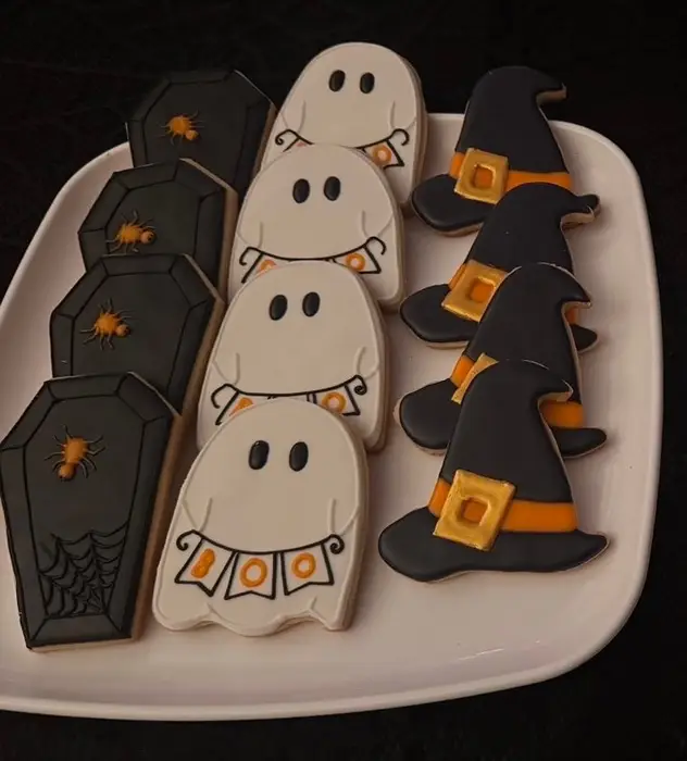 Halloween cookie set with coffins, ghosts and witch hats