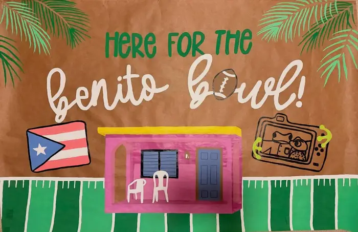 Hand-painted "Here for the Benito Bowl" poster with a football and a pink storefront