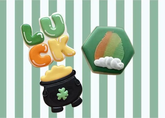 St Patrick's Day cookies spelling LUCK with a pot of gold