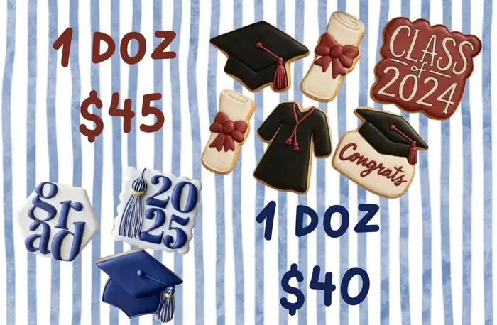 Graduation cookie sets with caps, diplomas and gowns, marked one dozen $45 and one dozen $40