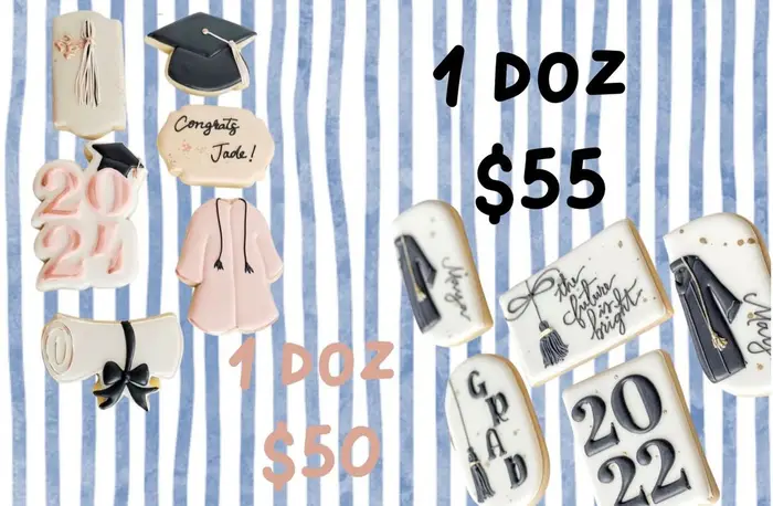 Blush and black graduation cookies with caps, diplomas and gowns