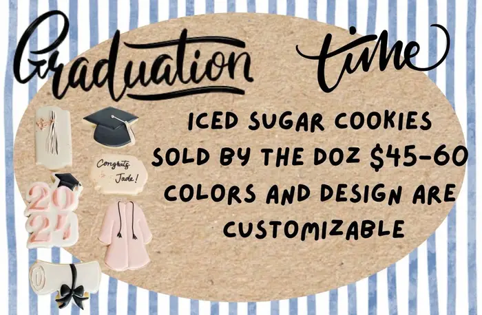 Graduation cookie price card reading "iced sugar cookies sold by the doz"