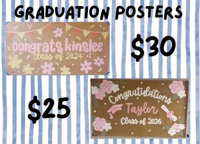 Two graduation posters congratulating Kinslee and Taylor