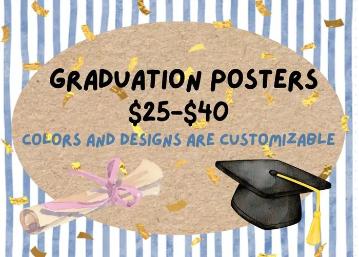 Graduation poster price card with a cap and diploma illustration