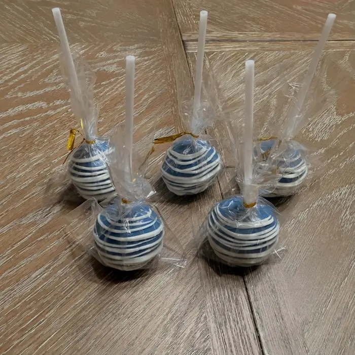 Blue and white striped cake pops