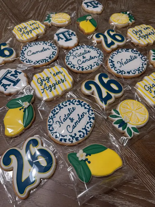 The full Aggies cookie set with lemons, 26 and Gig em cookies