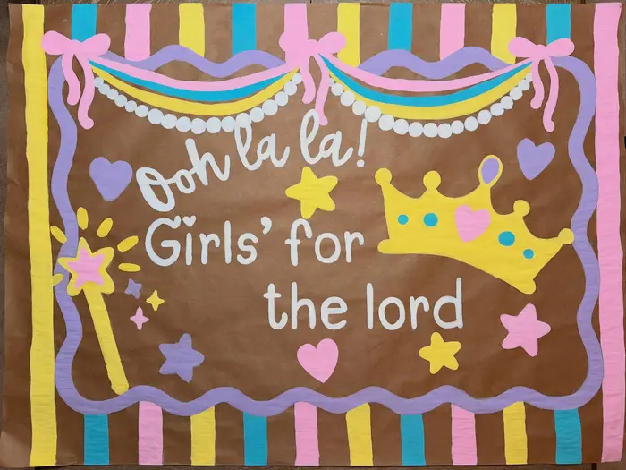 Hand-painted "Ooh la la! Girls' for the lord" poster with a crown and stars