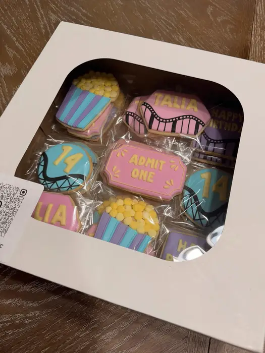 Rollercoaster themed cookie set in a bakery box