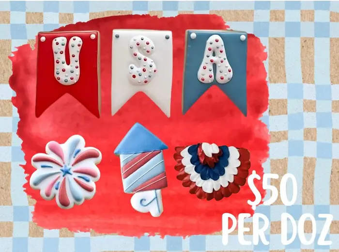 Fourth of July cookie set with USA banners, a firework and a rosette