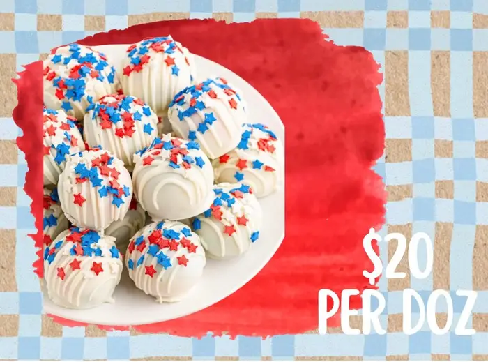 White chocolate cake balls covered in red and blue star sprinkles