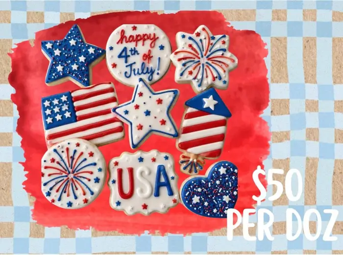 Fourth of July cookie set with flags, fireworks, stars and USA lettering
