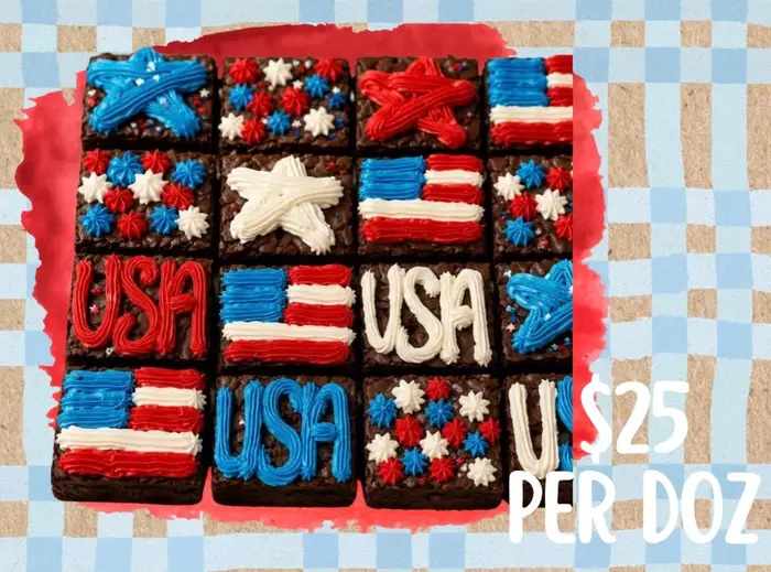 Fourth of July brownies iced with flags and USA lettering