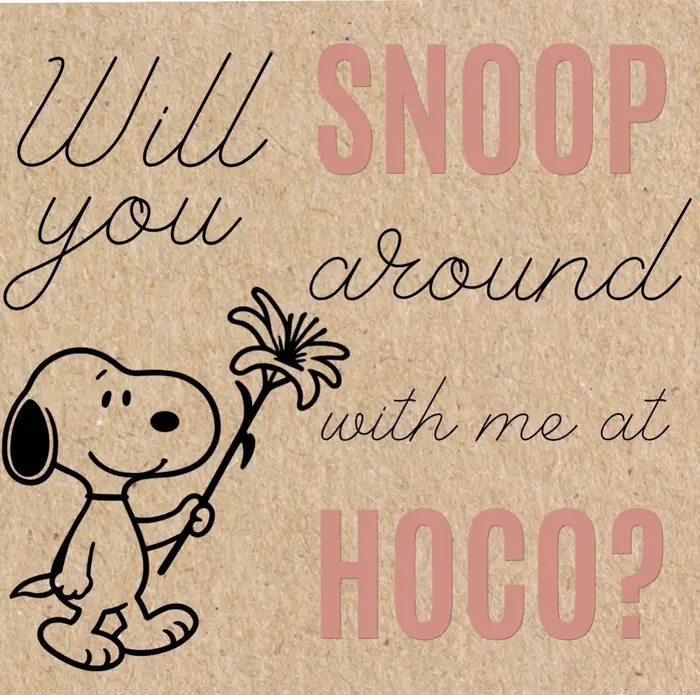 Hand-painted Snoopy homecoming poster reading "Will you snoop around with me at Hoco?"