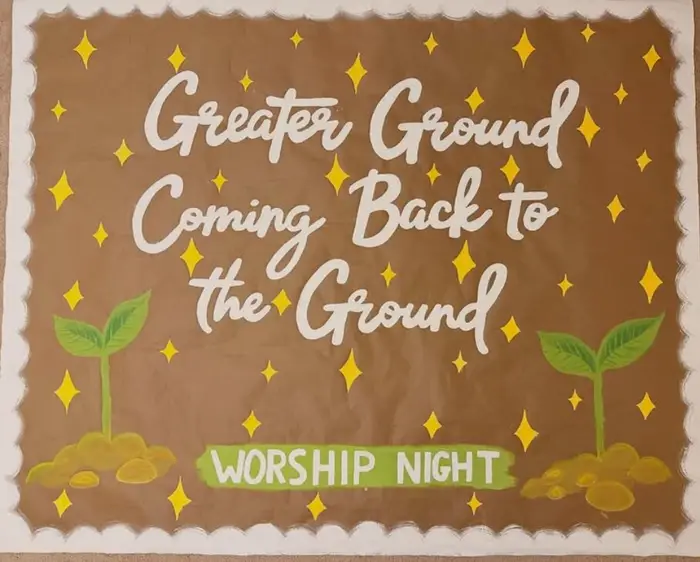 Hand-painted "Greater Ground, Coming Back to the Ground" worship night poster
